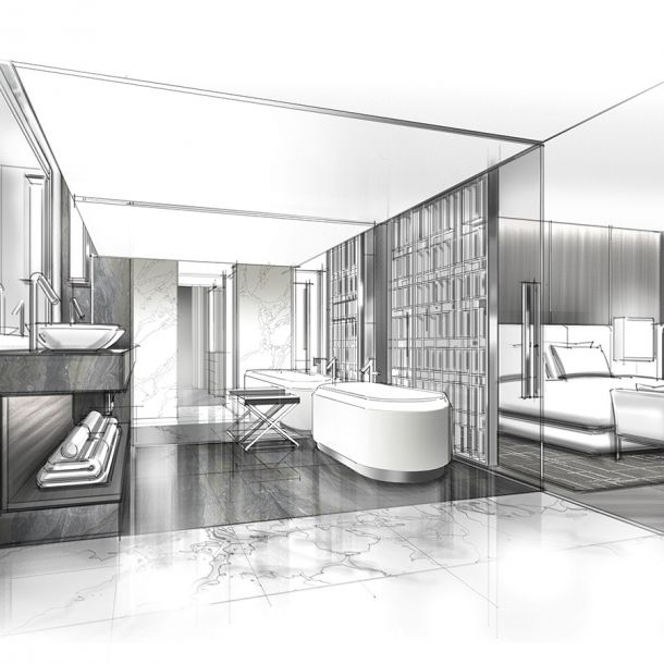 visualisation of a hotel room with bathroom