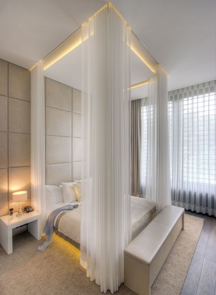 Modernes Schlafzimmer in warmen Farben mit indirekter Beleuchtung und passenden Beigetönen in Teppich, Bettkopfteil und Bett