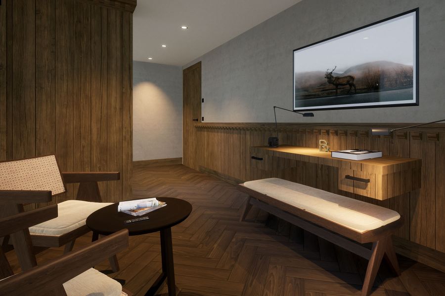 Hotelzimmer-Ausstattung mit Schreibtisch und Holzwand